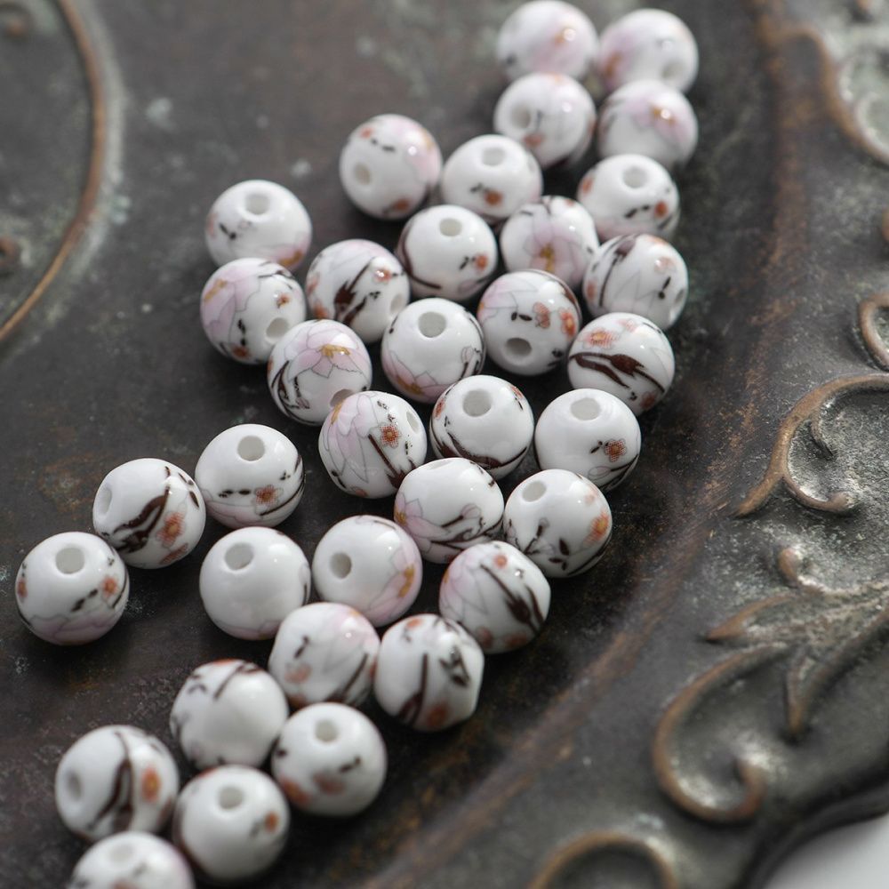 бусина, керамика "роза", цвет бело-розовый, 10 мм