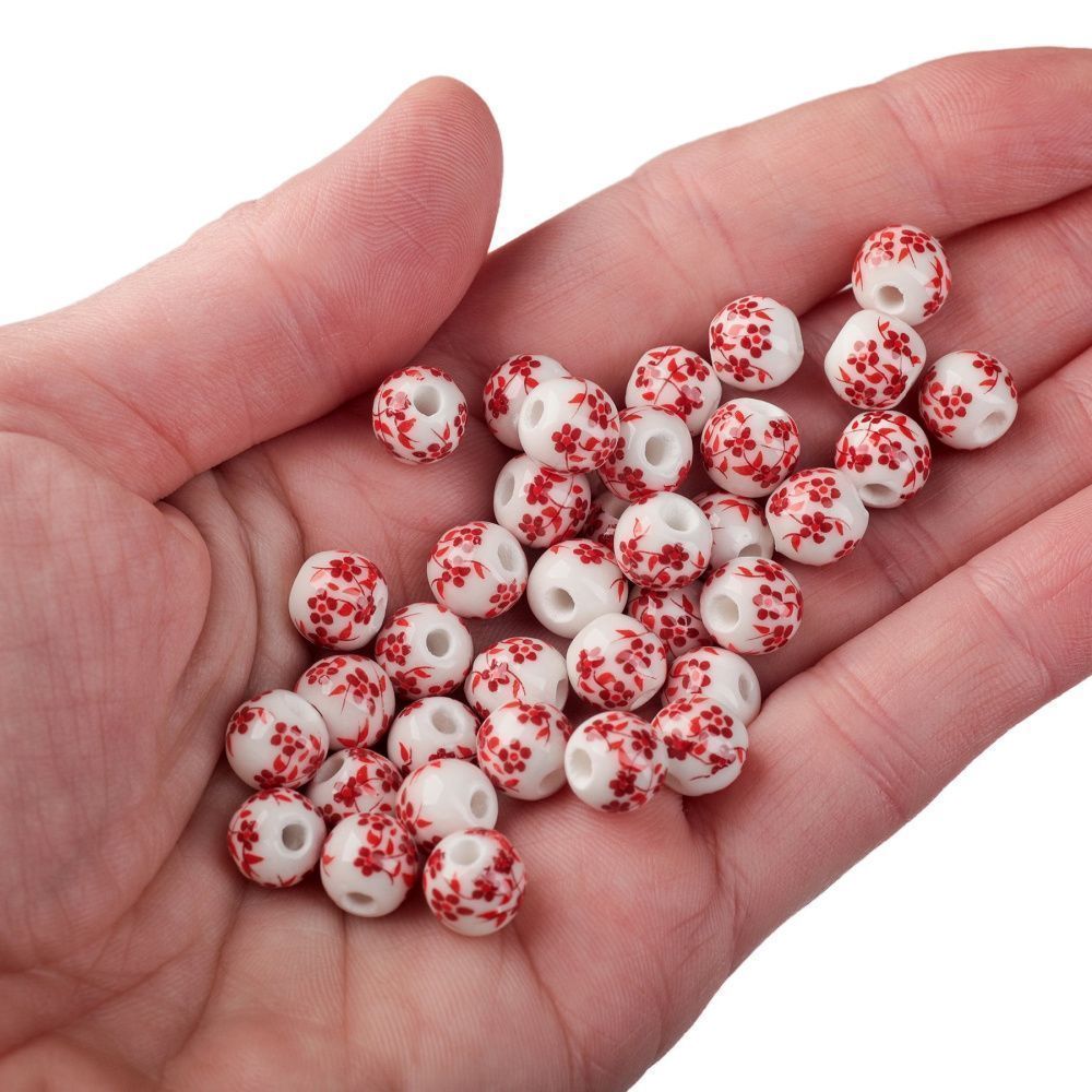 бусина, керамика "сакура", цвет бело-красный, 8 мм