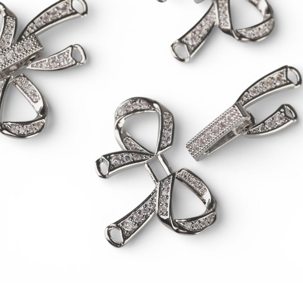 замок для украшений "бант", покрытие платина/циркон, 27x25x5 мм