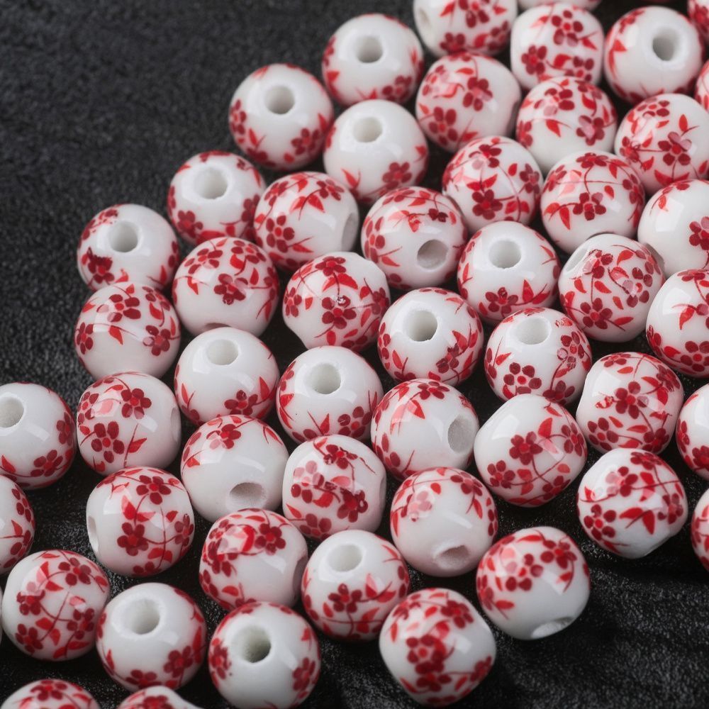 бусина, керамика "сакура", цвет бело-красный, 8 мм