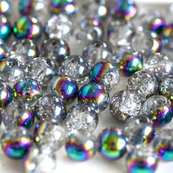 бусина, стекло "кракле", цвет прозрачный/бензиновый, 8 мм