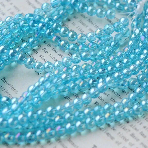 бусина, стекло 6, цвет голубой радужный, 6 мм