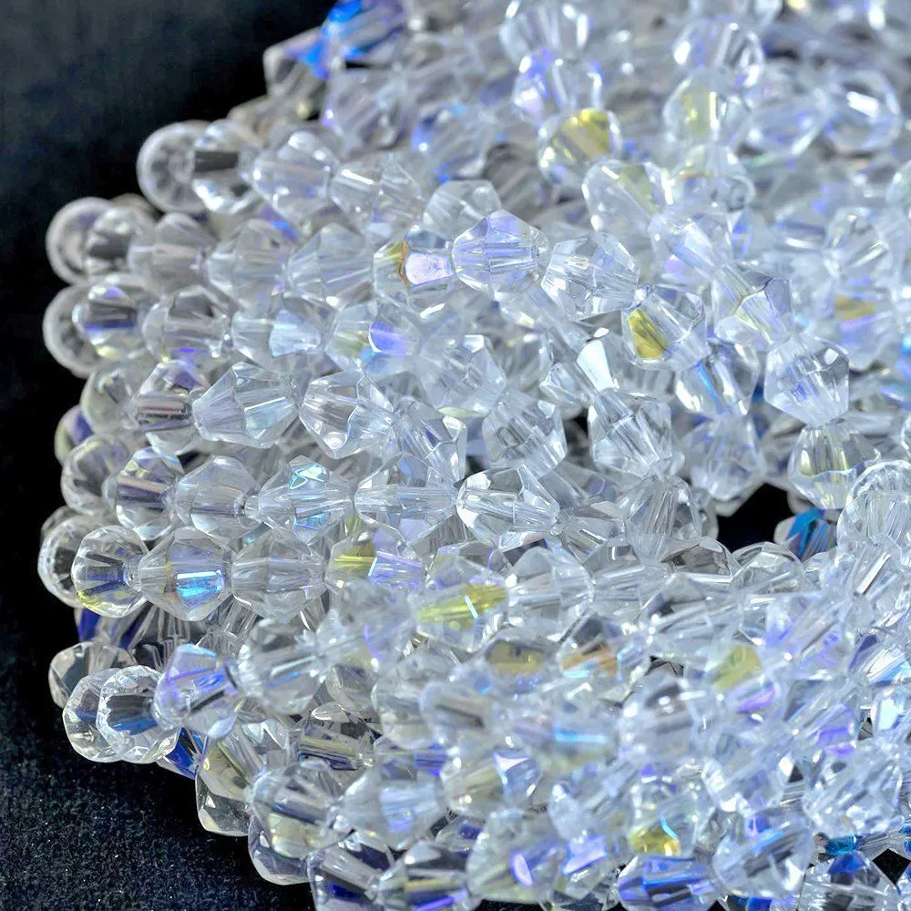 бусина, стекло биконус 6, цвет прозрачный радужный, 6 мм