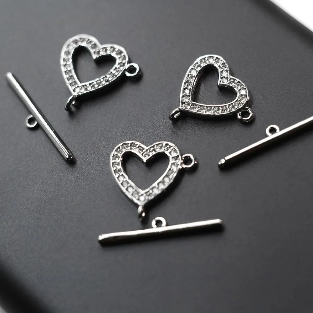Замочки тоггл "алмазное сердце", цирконий, цвет платина, 14х14х1.5 мм