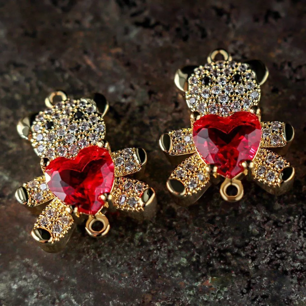 коннектор "мишутка", позолота/циркон красный, 20x16x7 мм